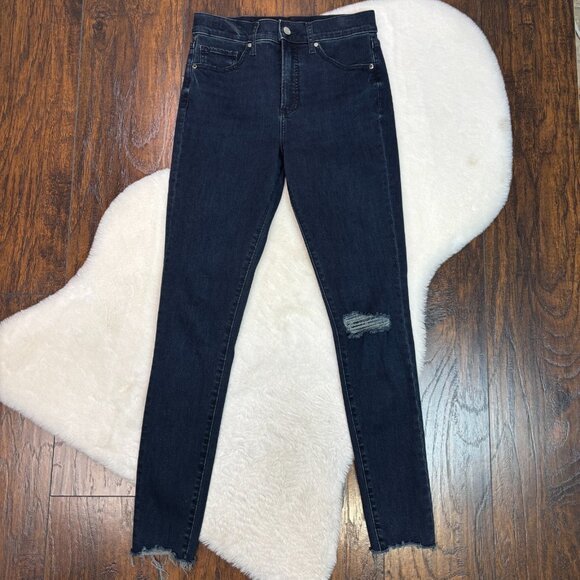 Express Skinny Jeans 6L Dark Wash Ripped Knee Raw Hem 6 Long Stretch High-Rise - Picture 1 of 9